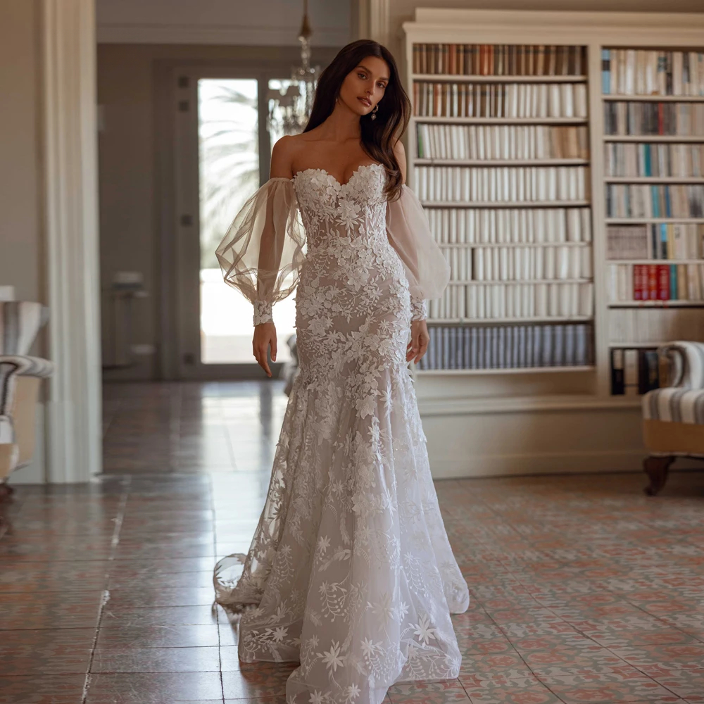 Mermaid Sheath Wedding Dresses Backless Sweetheart Long Sleeve Lace Puff Sleeves Romantic Bridal Gown Custom Made Color/Size