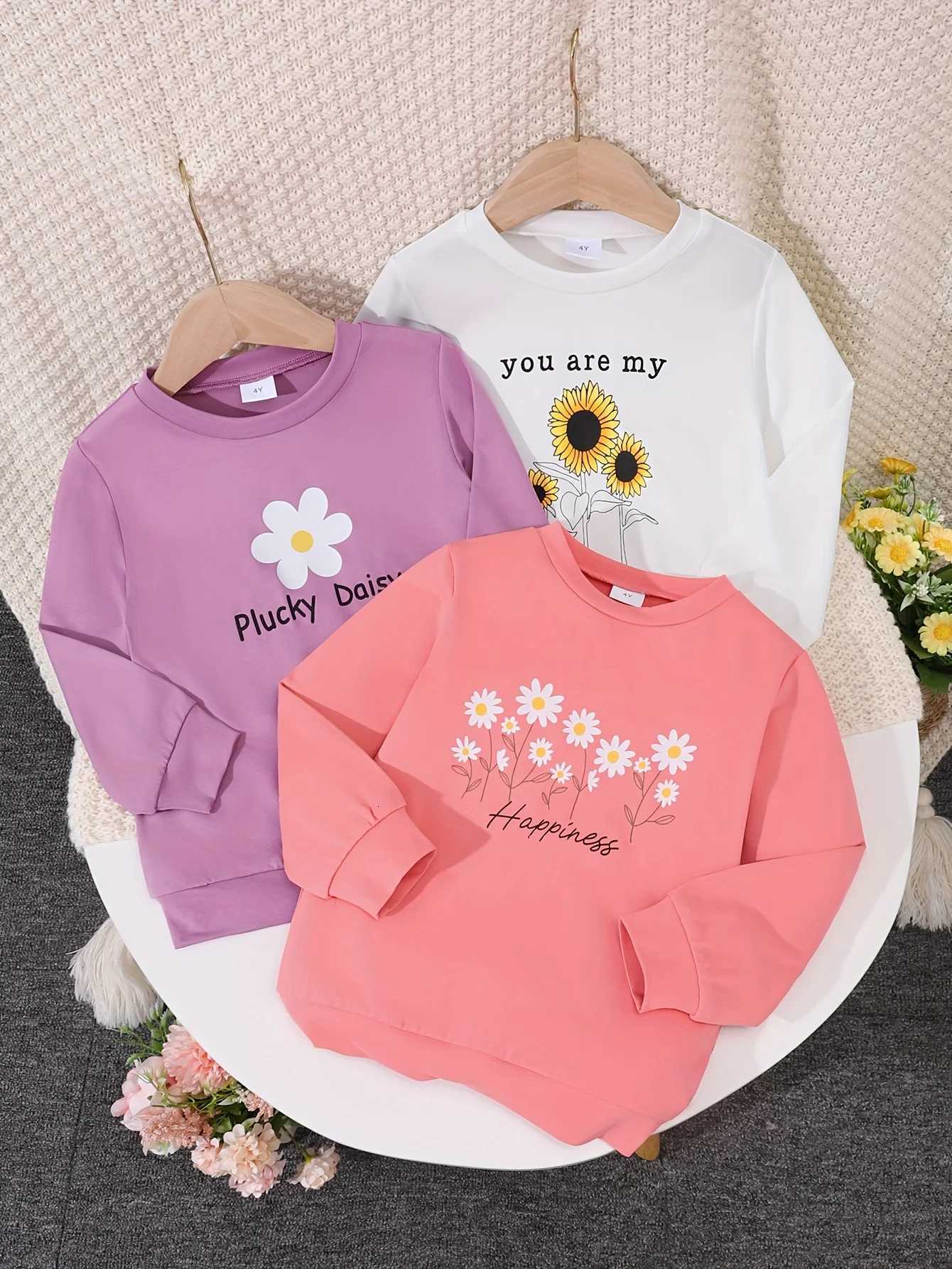 3pairsLot Girls Spring And Autumn Leisure Soft And Comfortable Simple Everything Sweet Long Sleeve TShirt Flower Pattern Z250826