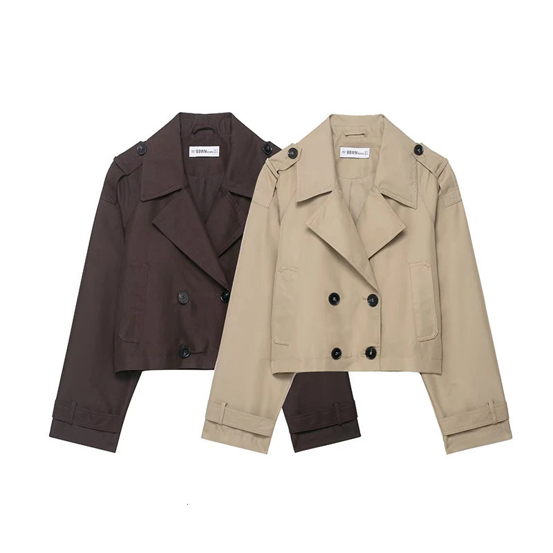RAFZNB Womens Fashion Double Breasted Short Coat Trench Turndown Collar Long Sleeve Coats Vintage Female Outerwear Chic Tops 250825
