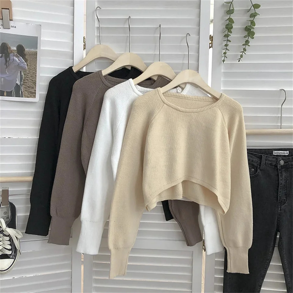 2024 Fashion Students Allmatch Knitwear Soft Korean Pullover Oneck Cropped Tops Autumn Winter Casual Loose Sweater 250815