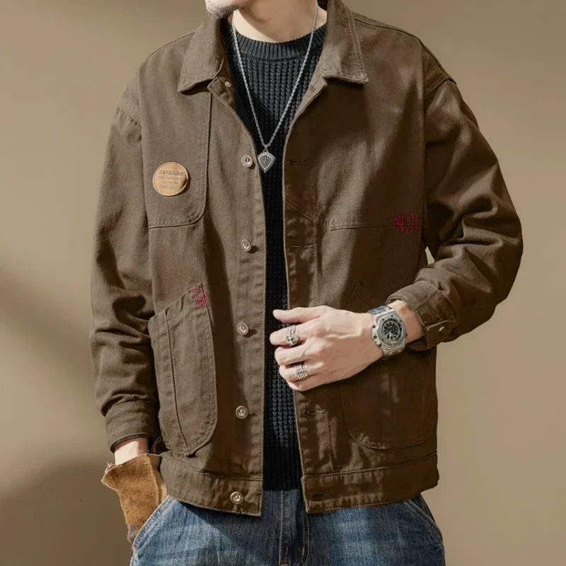 Mens Denim Jacket Cargo Brown Male Jean Coats Vintage Elatic In Lowest Price Menswear Fast Delvery Loose Comfortable Size L G 250819