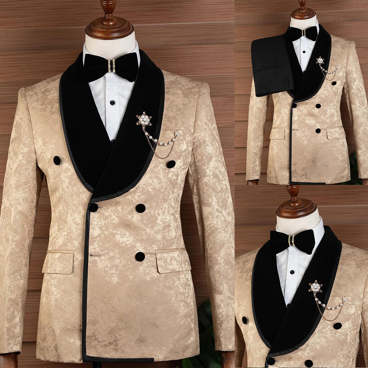 Modern Men Suits Jacquard 2 Pieces Set Tailor-Made Velvet Jacket Shawl Lapel Blazer Double Breasted Groom Customized Coat Pants Plus Size