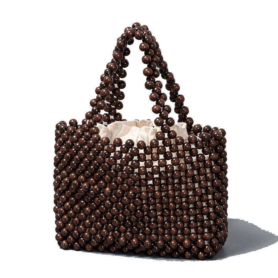 Designer Bags Women Top Handle Bag Hand-Woven Hollow Out Totes Vacation Handbags Casual Travel Beach Wooden Beaded Bags With Inner Pocket Luxury Bag