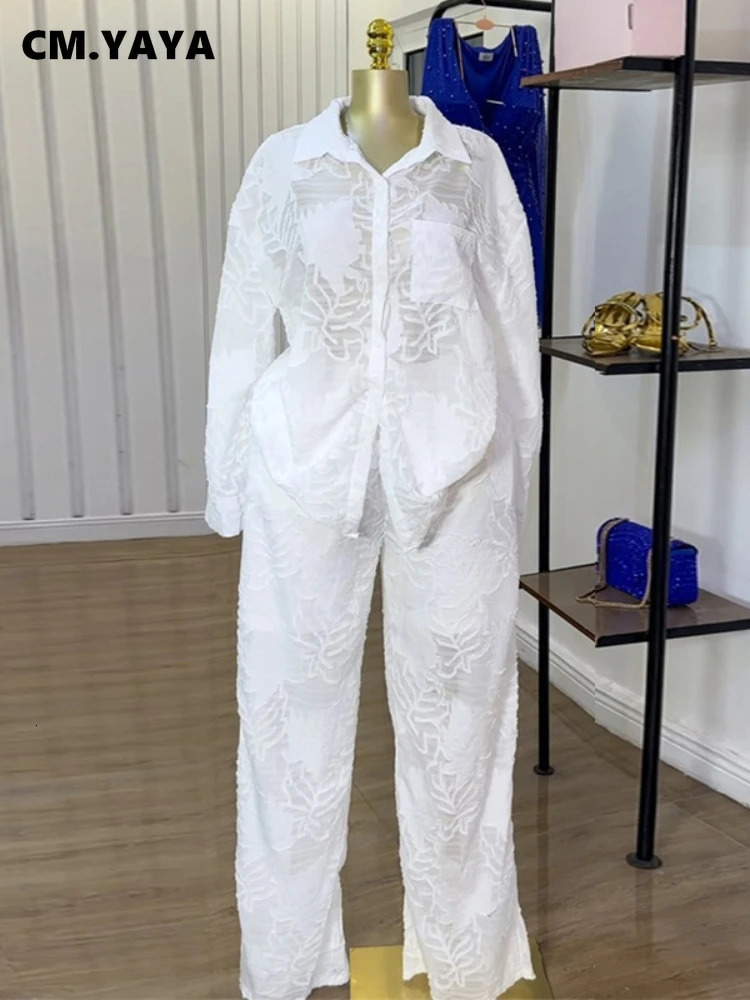 CM.YAYA Fashion Womens Set Perspective Long Sleeve Shirt and Straight Wide Leg Pants 2025 OL Two 2 Piece Set Outfit Tracksuit250825
