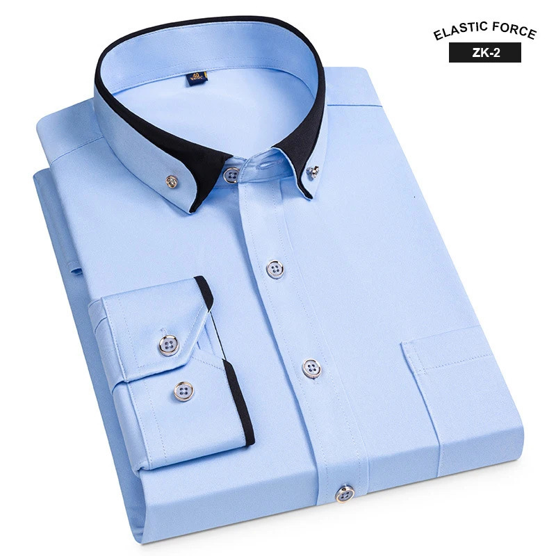 Fashion Spring Elastic Noniron Longsleeved Shirt Mens Youth Crystal Button Patchwork Collar Not Cotton Business Men 250825
