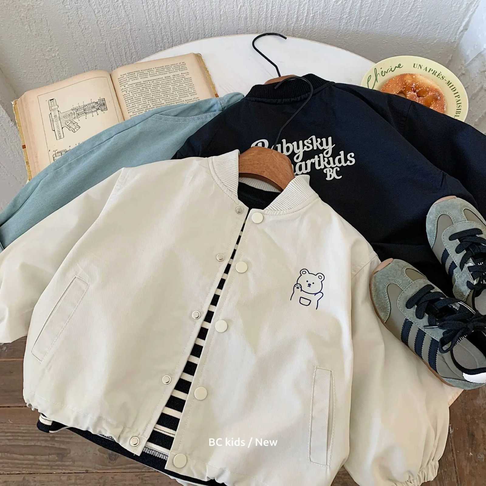 Baby Boys Coats Autumn New Letter Bear Printed Round Neck Toddler Boys Jacket Simple Loose Single Breasted Coats For 18Y Boys Z250826