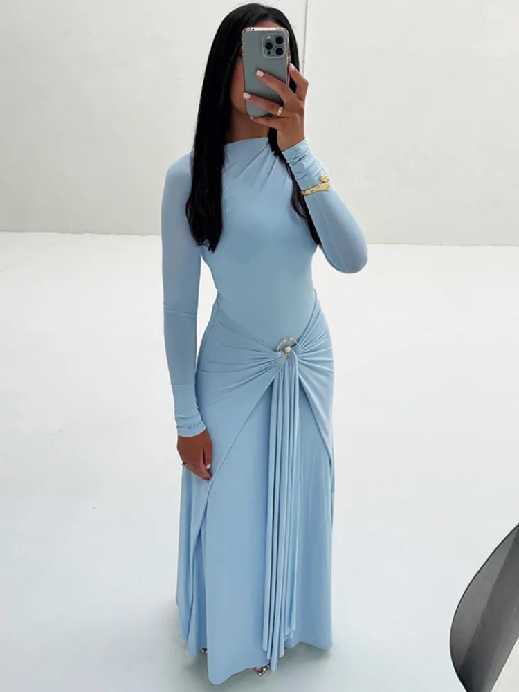 Mozision Elegant Long Sleeve Ruched Sexy Maxi Dress Women Gown Autumn Fashion Draped Bodycon Long Dresses Female Clothing250825