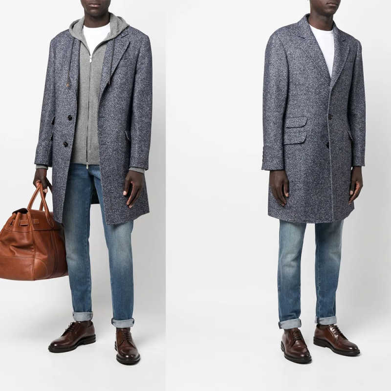 Men's Coat Tweed Classic Warm Long Overcoat Windproof Single Breasted Notched Lapel Out-Wear Winter Warm Custom Made