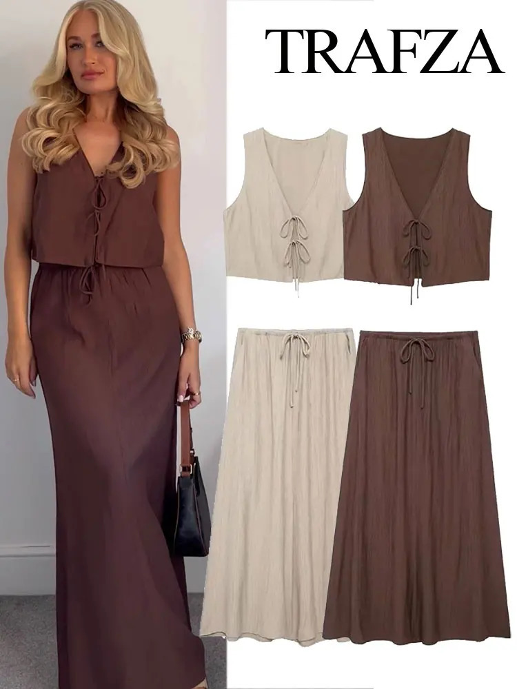 Womens Street Vest 2piece Set Chic Vneck SleEveless Laceup Textured Highwaisted DrAwstring Casual Skirt Suit 250823