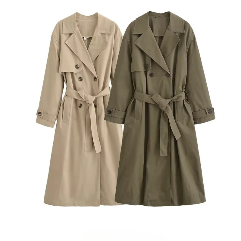 Women Fashion With Belt Solid Double Breasted Trench Vintage Lapel Neck Long Sleeves Female Chic Lady Outfits 250825