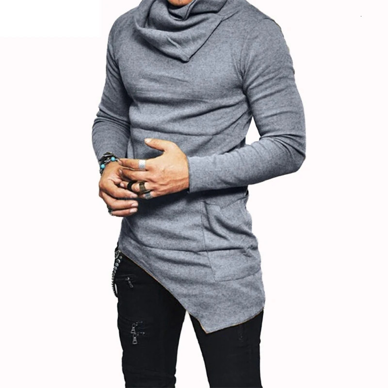 Mens Hoodies Unbalance Hem Pocket Long Sleeve Sweatshirt For Men Clothing Autumn Turtleneck Sweatshirt Top Hoodie250825