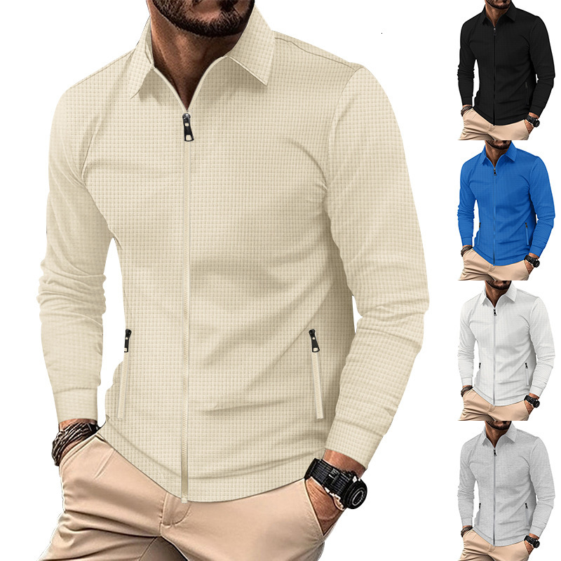 Waffle Collar Long Sleeve Zipper Jacket t shirt Casual Polo Men's Autumn Coat