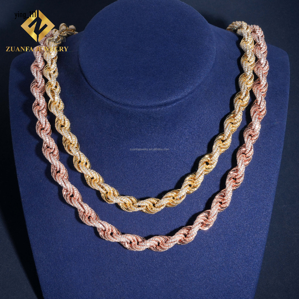 Custom Made 10mm Width Fully Iced Out Rapper Jewelry Pass Diamond Tester Moissanite Silver Rope Chain Necklace Bracelet Set