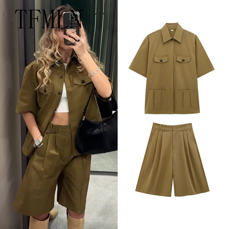 TFMLN Spring Summer 2pcs Sets 2025 Women Solid Color Short Sleeve Shirts Pockets Tops Casual Shorts Sets250825