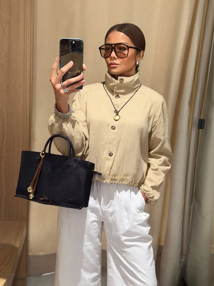 Elegant Solid Coats For Women Stand Neck Full Sleeve Single Breasted Pocket Jackets Autumn Female Daily Casual Outerwear 250825