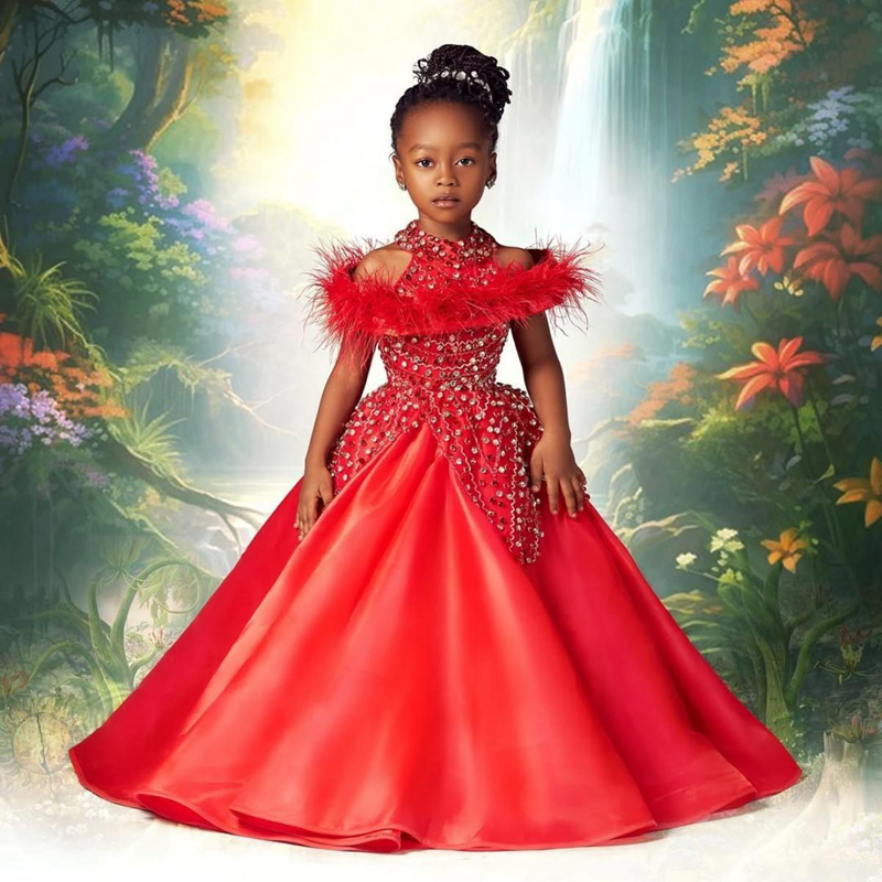 Aso Ebi Red Flower Girl Dresses Children Birthday Dress Halter Beaded Pearls Flora Tiered Tulle Flora Princess Queen Ball Gown For Marriage F318