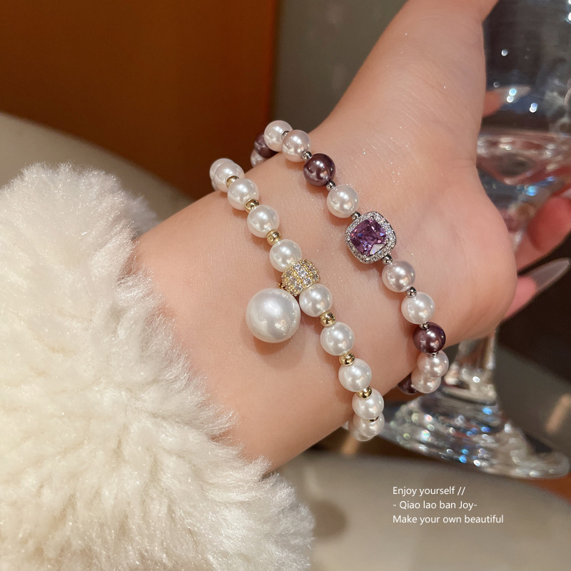 Silver - Tone Two - Tone Pearl & Purple Gem Bracelet Elegant And Sparkling Party And Daily Wear Gift For Her Charming And Luxurious Jewelry