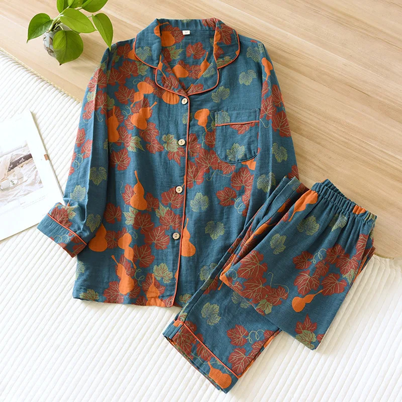 Japanese Spring and Autumn Womens Pajama Set 100% Cotton Vintage Long Sleeved Pants Two Piece Set for Home Furnishings250825