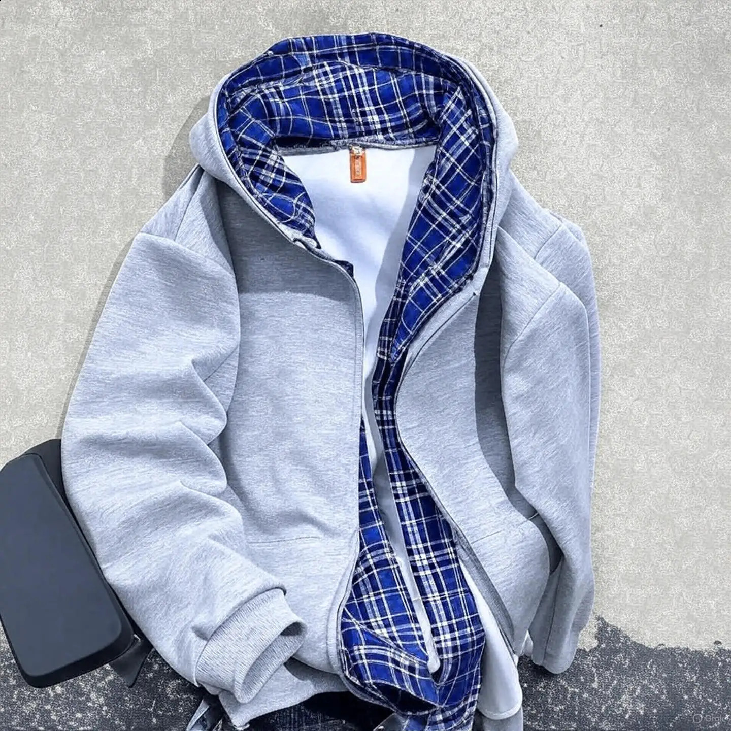 Womens Reversible Plaid Lined Hooded Zipup Sweatshirtcasual Gray and Blue Plaid Loose Jacket Womens Sweatshirt Winter Clothing 250826