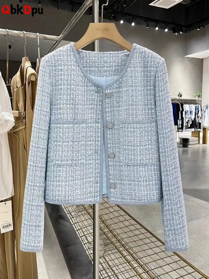 Women Elegant Tweed Jackets Tops Korean Fashion Oneck Single Breasted Abrigos Spring Fall Casual Long Sleeve Chamarras Blusas 250826