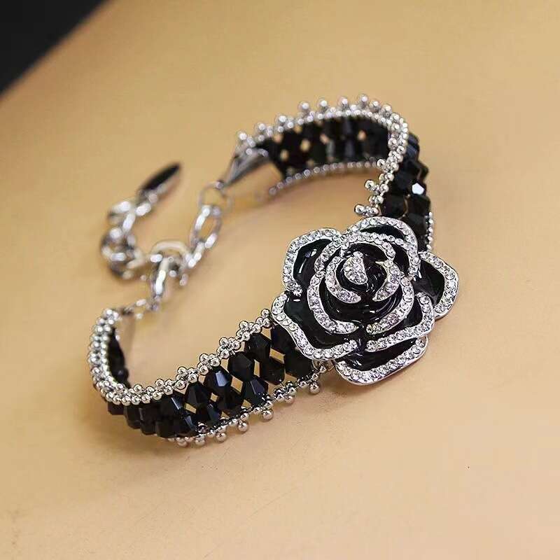 2025 New Black Camellia Oil Dripping Diamond Set Bracelet for Women, Light Luxury, Niche Ins, Small Fragrant Style, Handmade Accessories