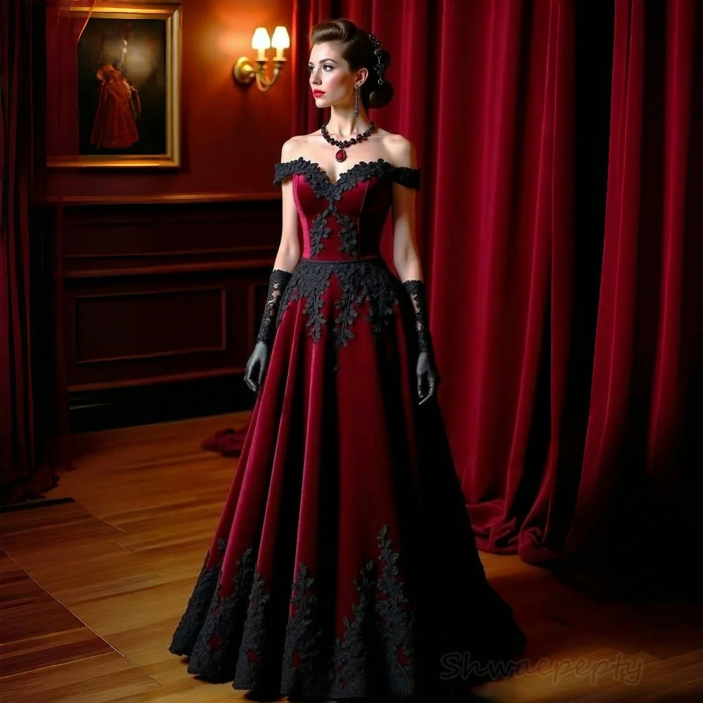 Vintage Burgundy Off-Shoulder Evening Dress Black Lace Applique A-Line Long Gown for Women Elegant Party Prom Custom Made Color/Size