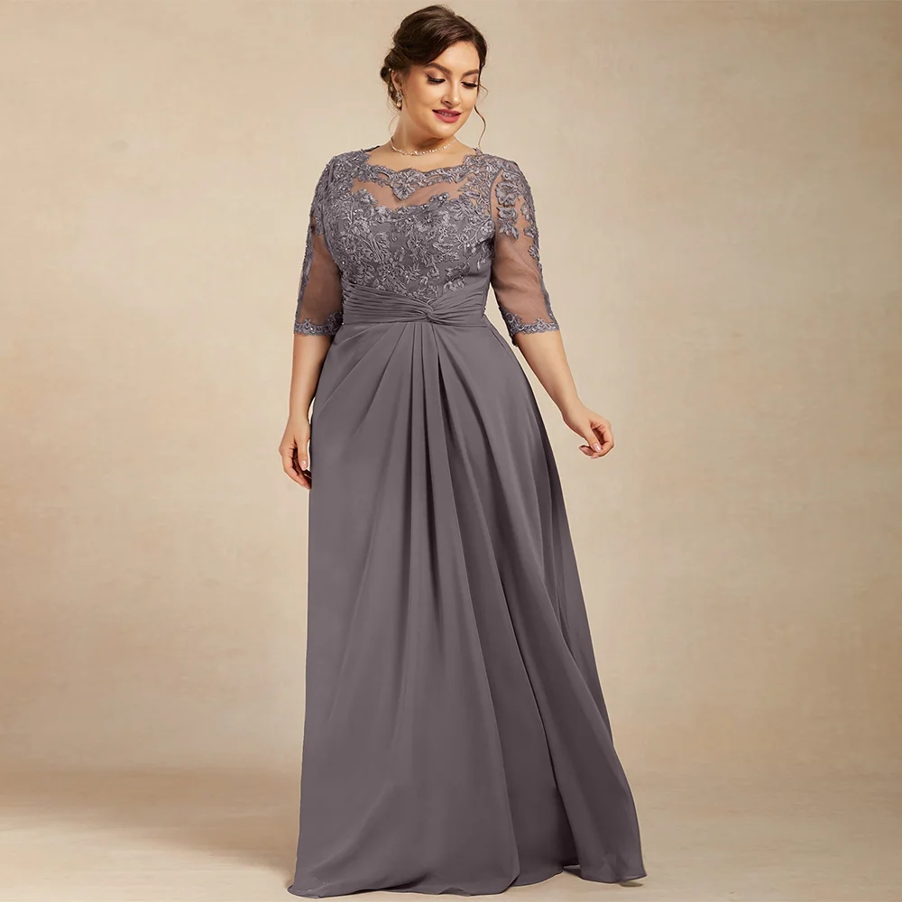 2026 Gray Plus Size Mother Of The Bride Dress Scoop Neck Sequined Applique Pleat A Line Chiffon Wedding Guest Party Gowns Robe De Soriee