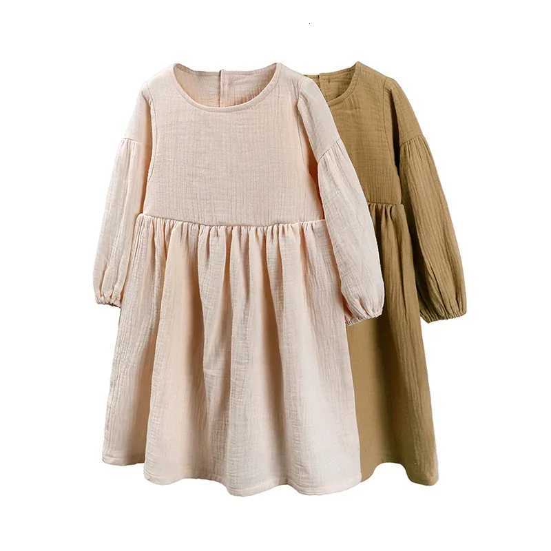 100 Cotton Linen Long Sleeve Dress for Girls Fashion Solid Color Kids Girls Dresses Spring Autumn Children Clothing 16 YearsXJ250826