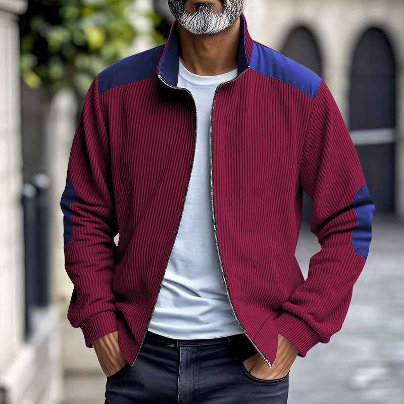 Autumn Winter European Cotton Fleece Men, Simple Patchwork Stand Collar t shirt Zipper Cardigan Casual Jacket for Men