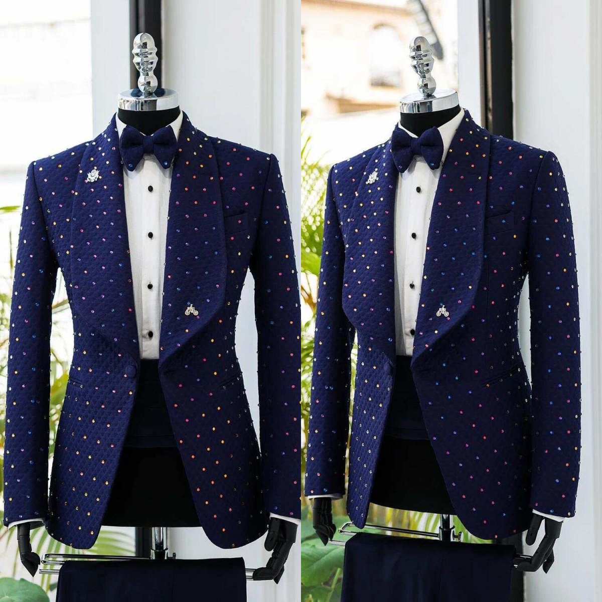 Formal Wedding Men Suits Crystals 2-Pieces Coat Pants Peaked Lapel Groom Costume Party Groomsman Shine Jacket Occasiom Suits Plus Size Customized M2