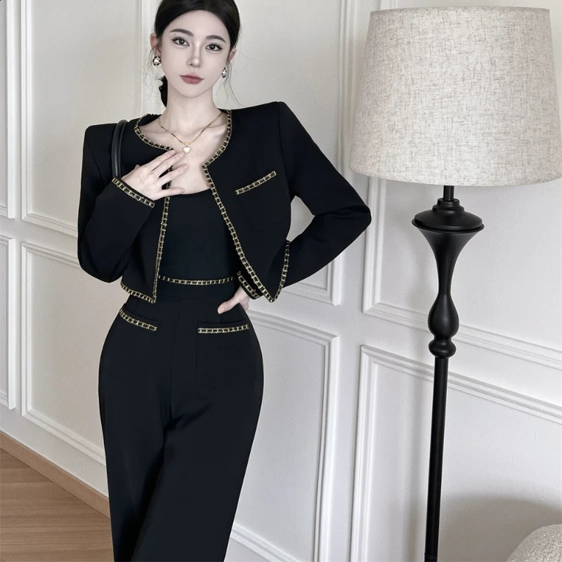 Two Piece Sets Womens Outifits Small Fragrant Suit Black Tweed Coat Blazer Jacket Wide Leg Pants Winter Vintage Clothing Z334 250826