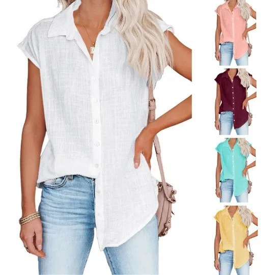 Women Cotton Shirts Vintage Solid Color Short Sleeve Button Harajuku Loose Blouses and Tops Casual Ladies Tunic Oversize TShirt250825
