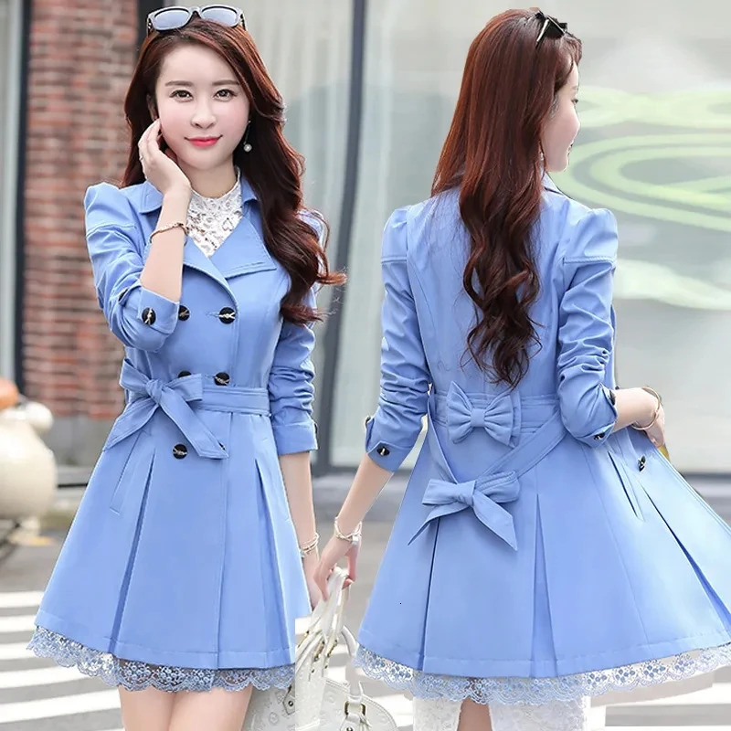 Spring Autumn Windbreaker Coat Women Fashion Slim Mid Long Lace Trench Female Casual Doublebreasted Outerwear Tops 250825