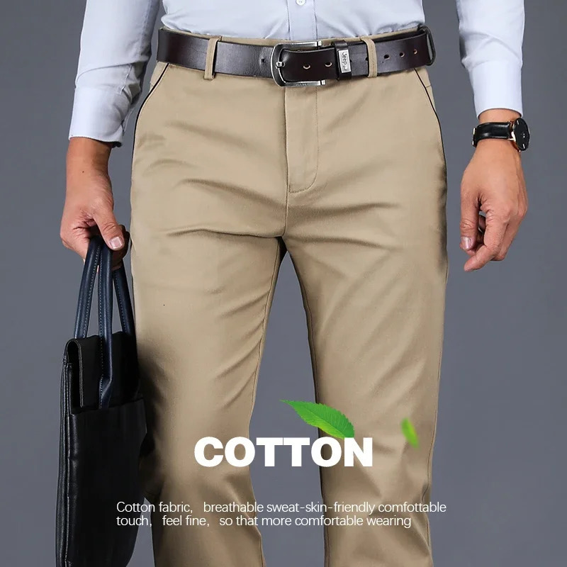 2024 98% Cotton Casual Pants Mens Clothing Classic Straight Loose High Waist Elastic Trousers Male Clothes250825