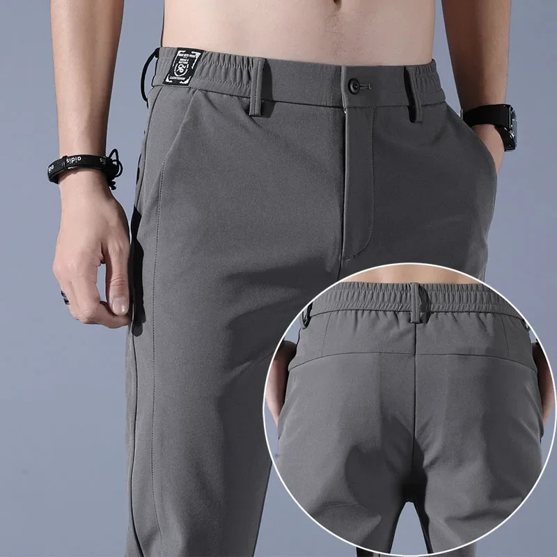 Mens casual pants semi elastic waistband nylon ice silk elastic straight tube light gray business gentleman summer casual250825