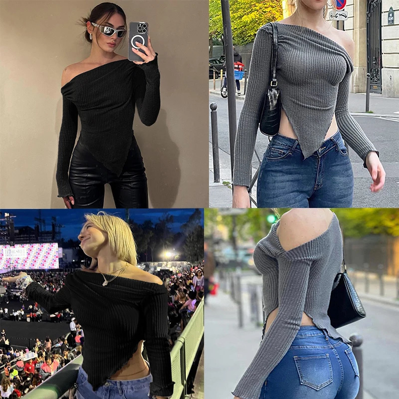Autumn Winter Tshirt Women Sexy Black Skew Collar Tees Fashion Long Sleeves Asymmetrical Lady Elegant Versatile Clothing 250826