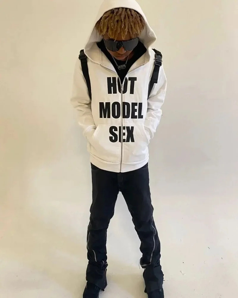 Hip Hop Mens Zipup Hoodie Vintage Punk Loose Letter Print Long Sleeve Sweatshirt Goth High Street Grunge Outerwear Y2k Clothes 250826