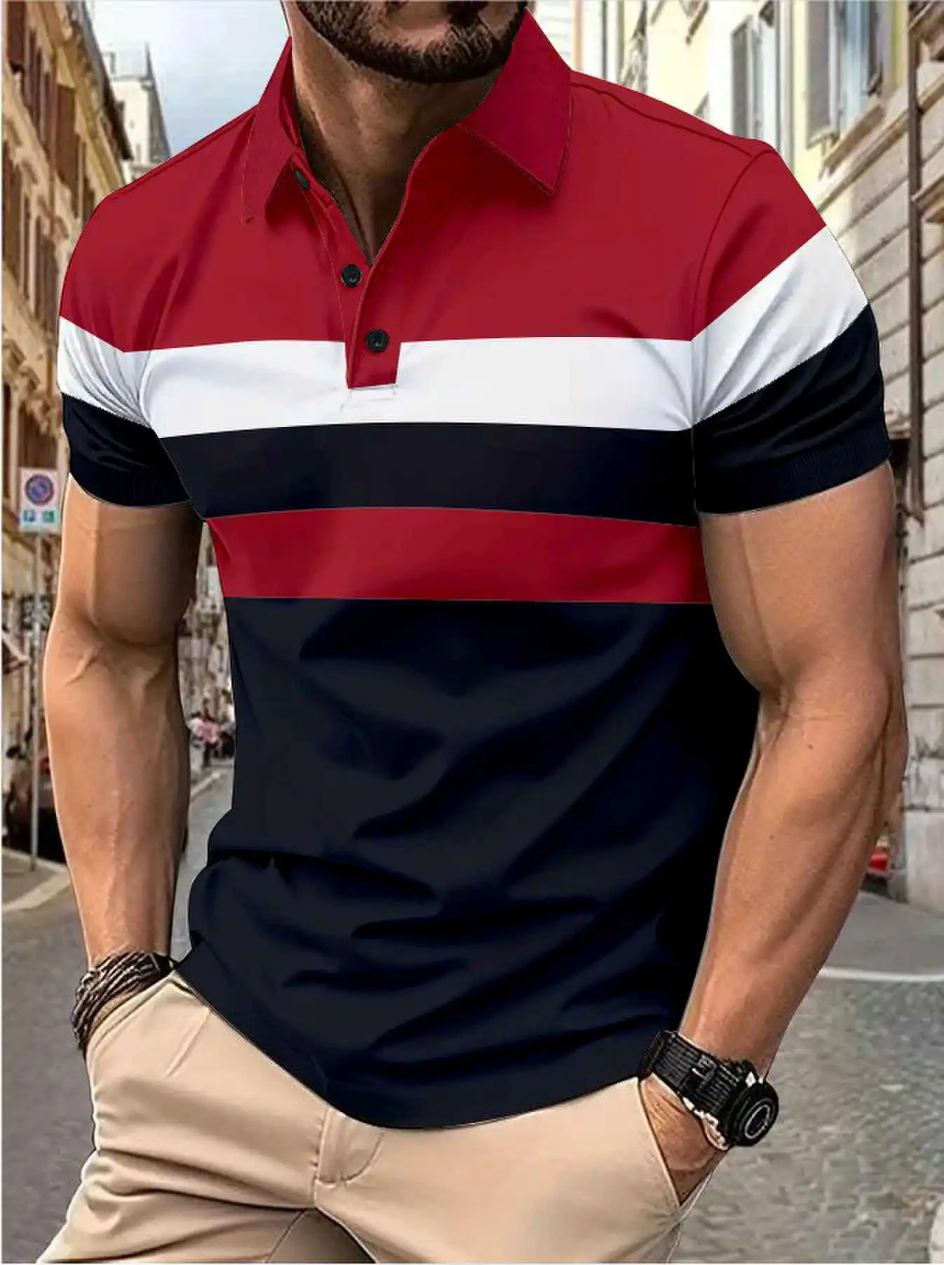 Mens short sleeve chest three stripes color matching fashion with mens lapel short sleeve mens fashion casual top T-shirt250825
