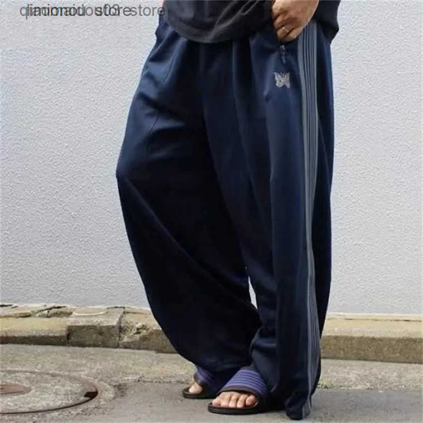 Needles Track Pants Mens Wide Leg Sweat Pants Navy Blue Athletic Pants with Butterfly Embroidery and Drawstring Waist Z250731 Z250825