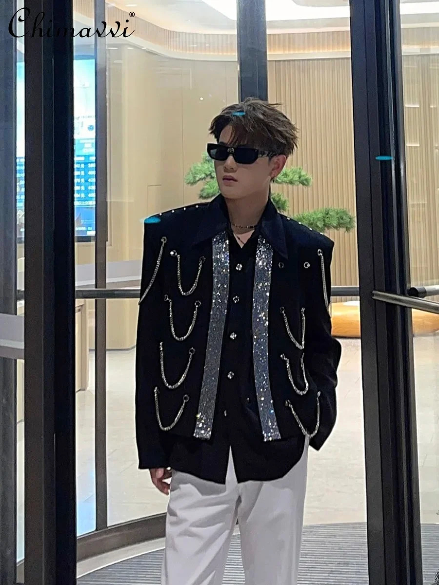 Black Short Suit Coat Autumn Clothes Mens Fashion Rhinestone Metal Chain Loose Long Sleeve Handsome Loose Jackets Tops 250818