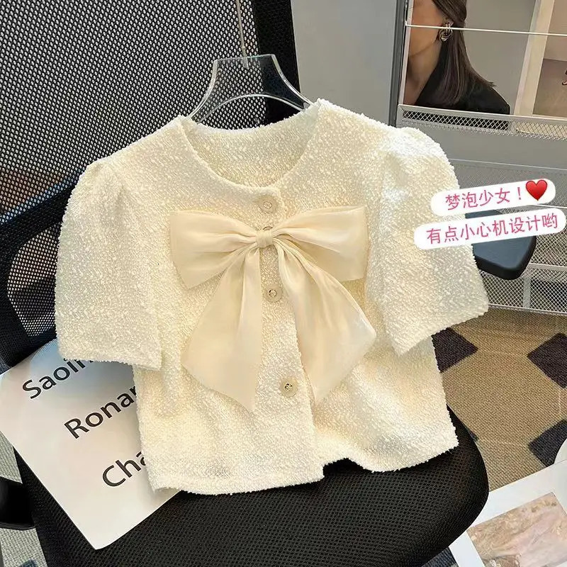 Temperament Tweed Clothing Ropa Mujer Bow Coat Summer Korean Crop Tops Shirts for Women Slim High Suit Short Jacket 250826