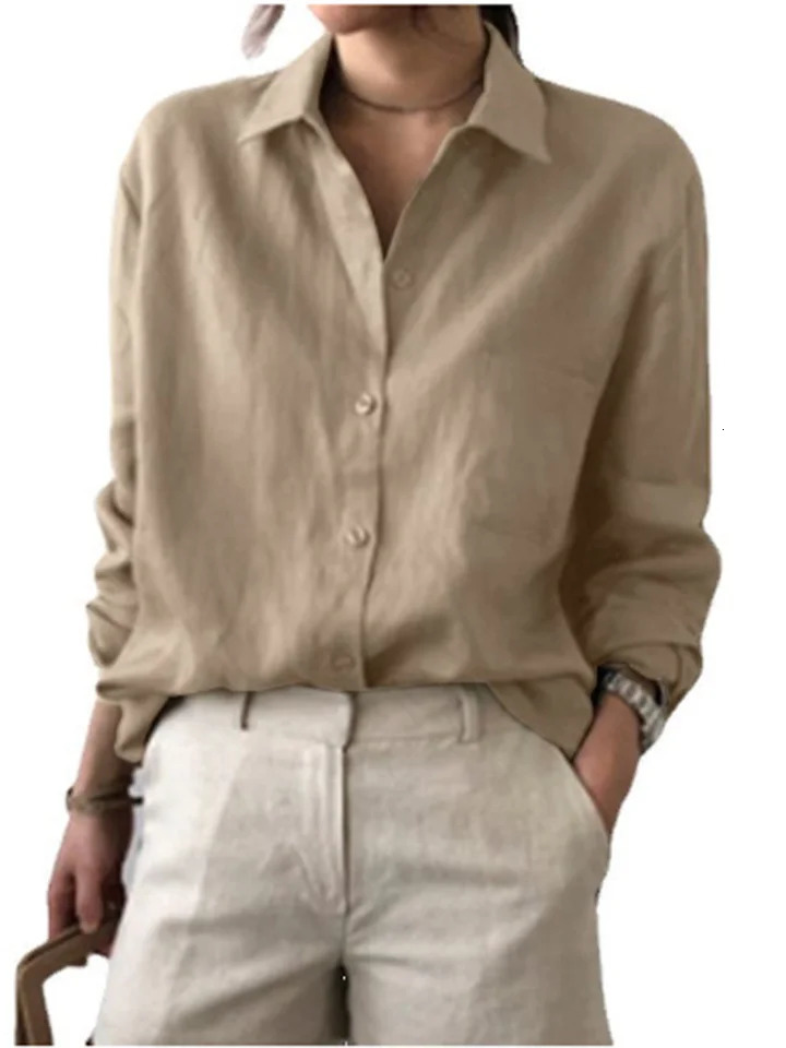 Classic Solid Color Shirt Womens Button Long Sleeve V Neck Blouse Elegant Spring Autumn Top250825