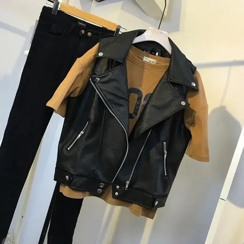 Spring Pu Leather Jacket Womens Student Korean Style Loosefit Slimming Cropped Top Versatile Motorcycle Vest Trendy 250818