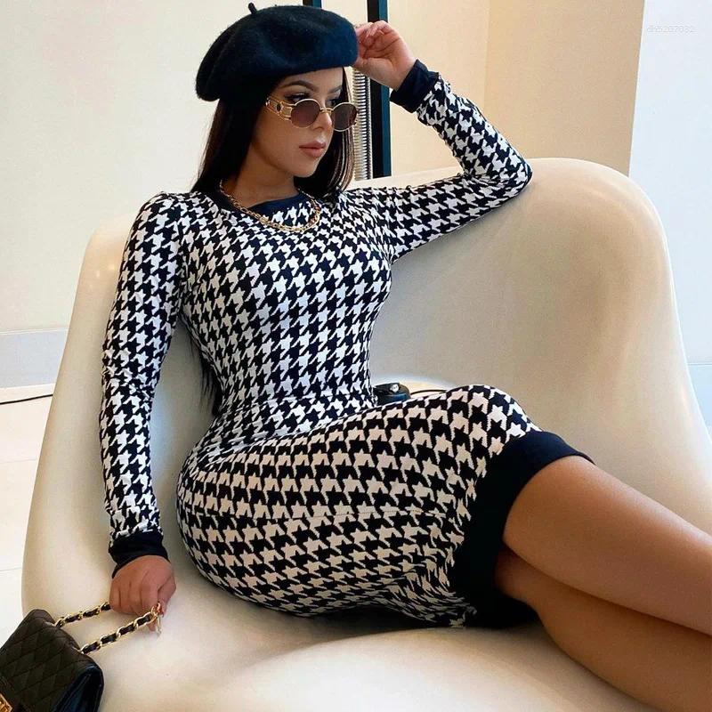 Casual Dresses Houndstooth Print Women Long Sleeve Midi Dress Hollow Out Bodycon Sexy Streetwear 2025 Autumn Winter Club Elegant Slim