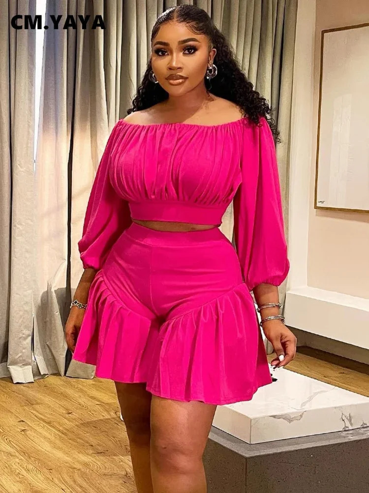 CM.YAYA Plus Size Womens Set Long Sleeve Slash Neck TShirt and Shorts 2025 Summer Ruched Two 2 Piece Set Outfits Tracksuit250825
