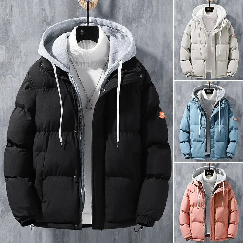 Winter Loosefit Thickened Warm Cotton Coat Hood For Men Trendy Student Puffer Jacket Twopiece Illusion250825