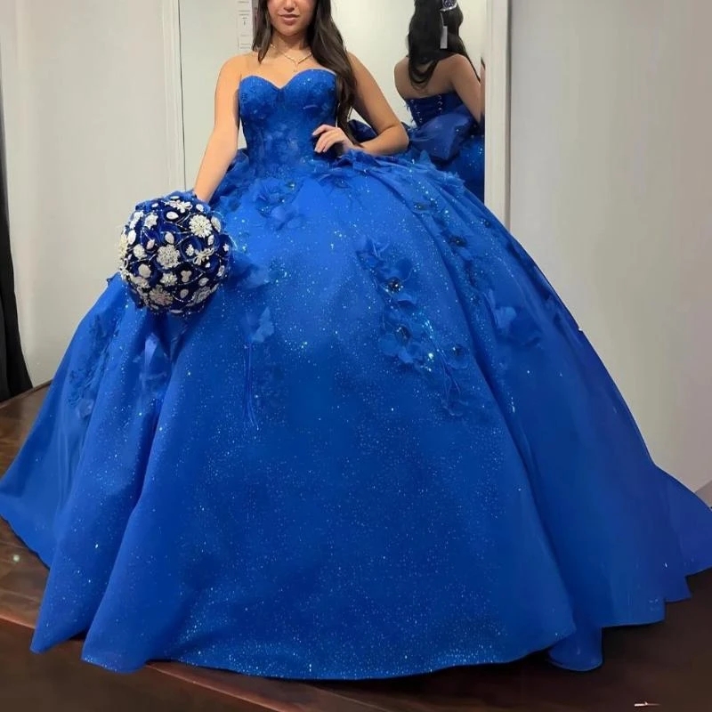 Royal Blue Off The Shoulder Quinceanera Dresses Sweet 16 Dress Beads Flowers Bow Party Birthday Vestidos De 15 Anos