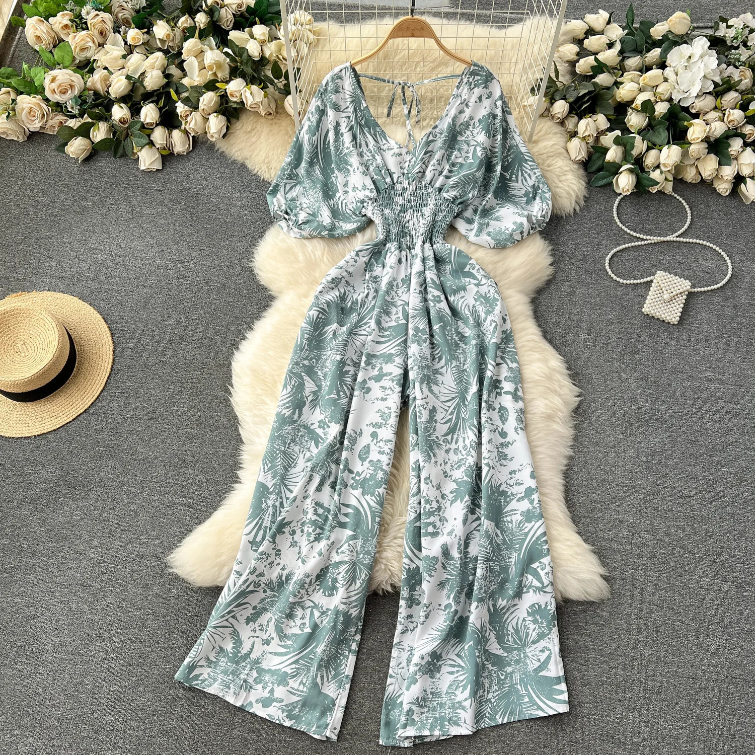 V Neck Sexy Dolman Sleeves Waist Slim Floral Print Jumpsuit Women Wide Leg Trousers 250825