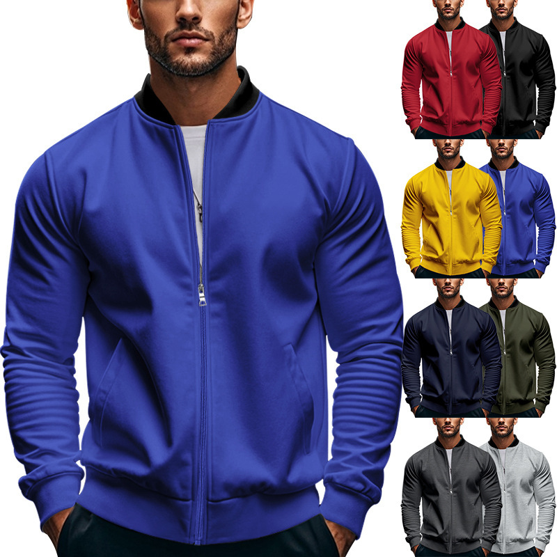 Autumn New Stand Collar Men's t shirt American Style Twill Zipper Long Sleeve Baseball Jacket Coat