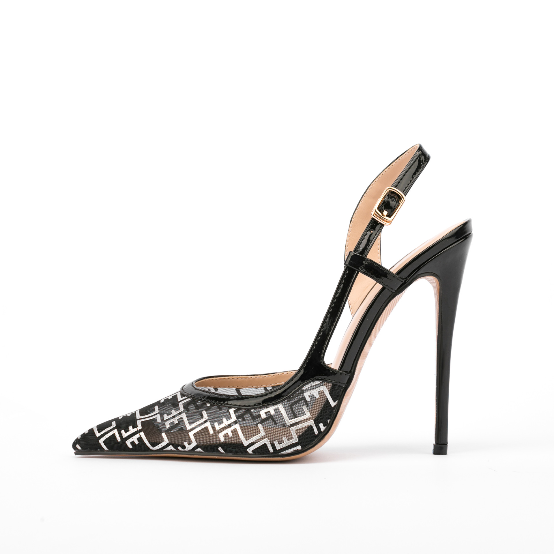 Luxury Designer Dress shoes Pointed Toe Fabric Letter Sandals Thin Heel Shoes for Women Brand Slingbacks Party Pumps Ladies Zapatos De Mujer Chaussu